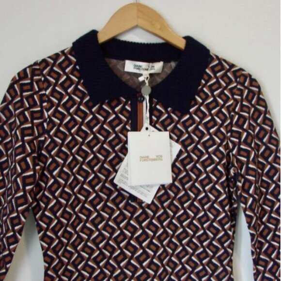 DVF Diane Von Furstenberg Mini Dress Milena Zig Zag Camel Knit Office Small NEW - Picture 5 of 15